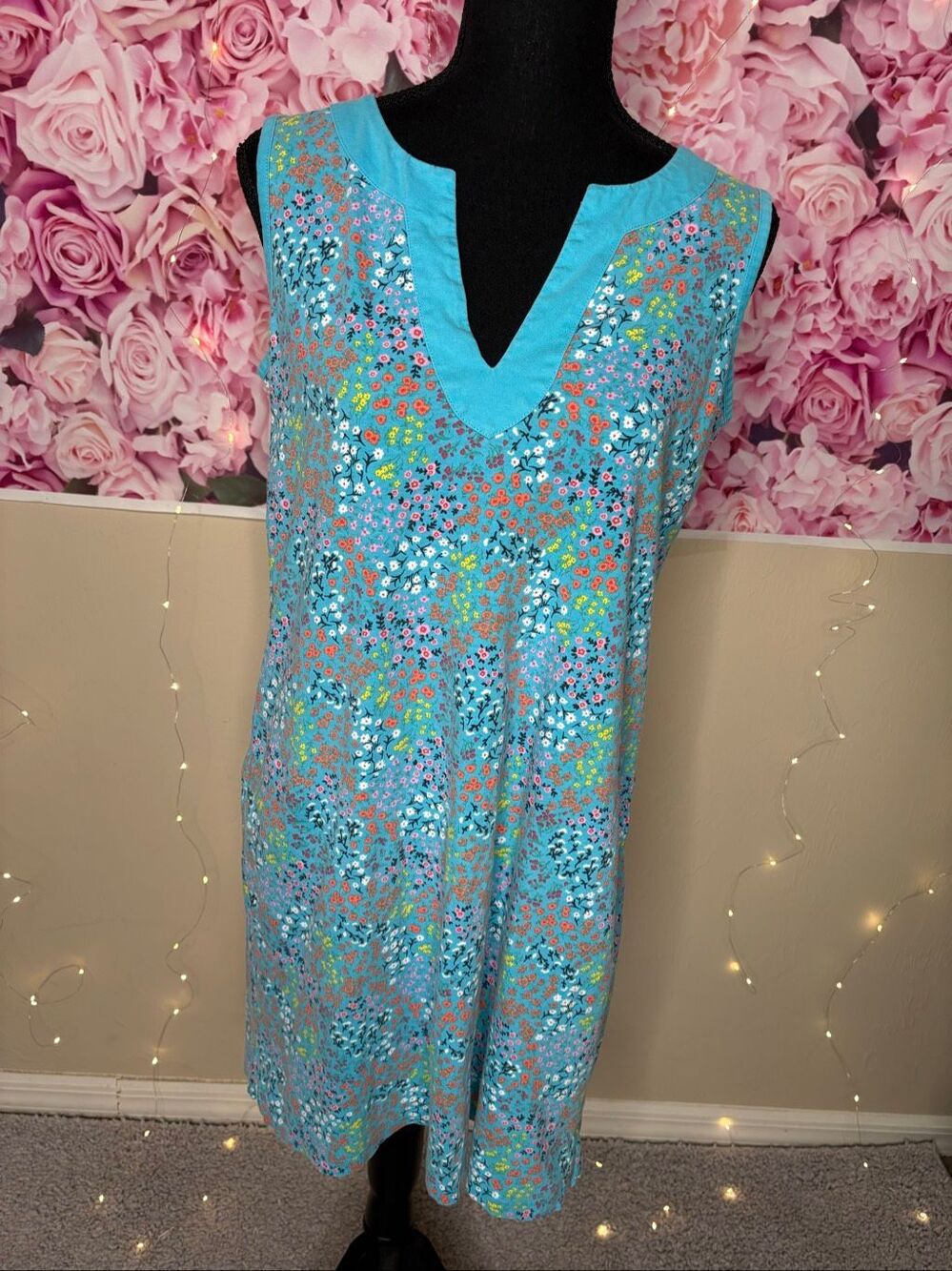 Lands' End Women's Turquoise Blue Floral Sleeveless Knit Shift Split Neck Shift